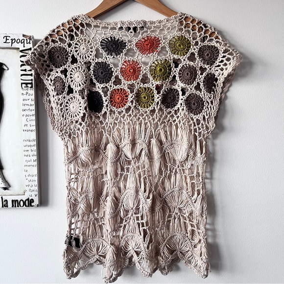 Forever 21 Crochet Boho Knit Granny Square Resort Festival Top Size L - Picture 6 of 13
